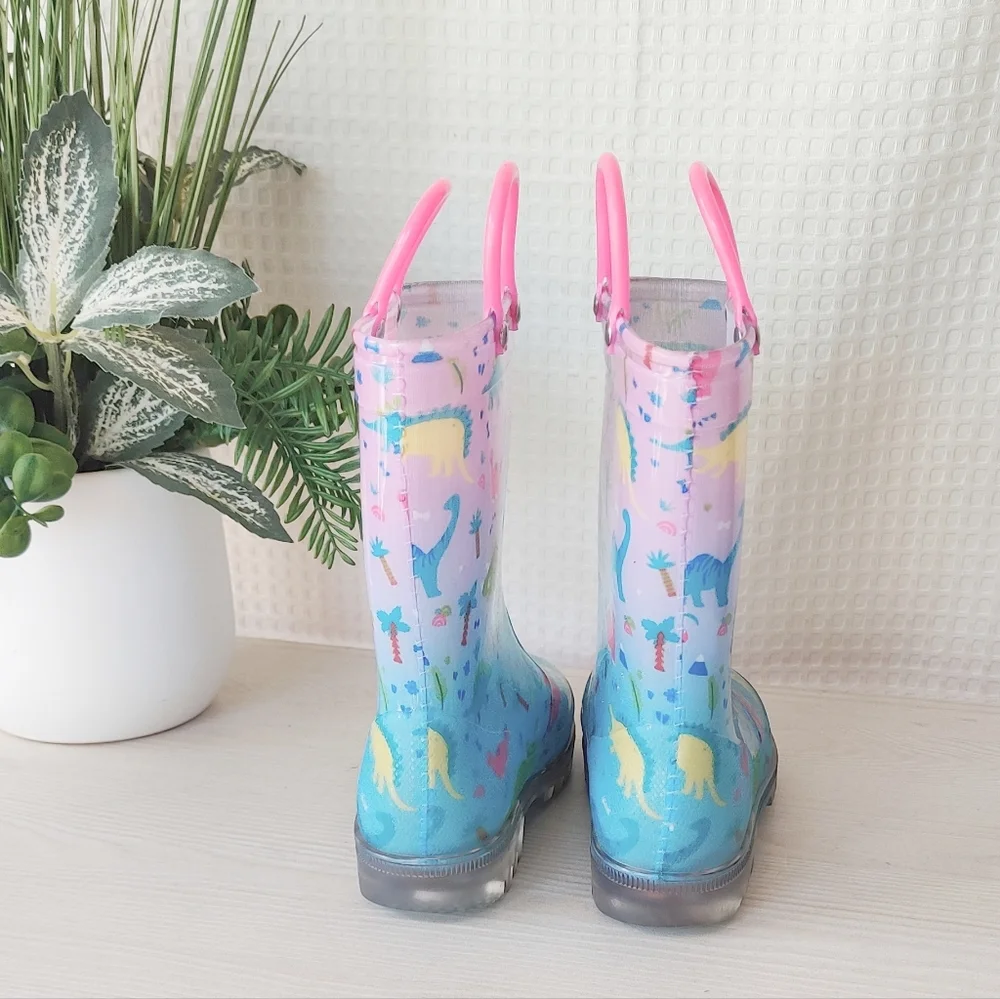 Kooshyshoo Girls Blue, Pink Gradient Light Up Dinosaur Rain boots Size 10